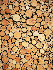 Sawn timber logs stacked for a wood burning stove. Close up in full frame and a vertical format.
