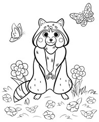 Coloring page outline of cute cartoon standing raccoon with butterflies. Vector image with nature background. Coloring book of forest wild animals for kids