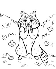 Coloring page outline of cute cartoon standing raccoon. Vector image with nature background. Coloring book of forest wild animals for kids