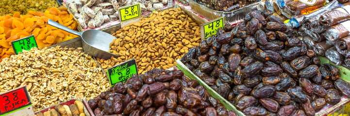 Dried Dates., tamara and olives. Holy trip through the historic cities of Israel. Web banner in...