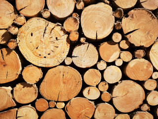 Sawn timber logs stacked for a wood burning stove. Close up in full frame and a horizontal format.