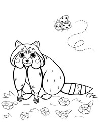 Coloring page outline of cute cartoon raccoon with ladybug. Vector image with nature background. Coloring book of forest wild animals for kids