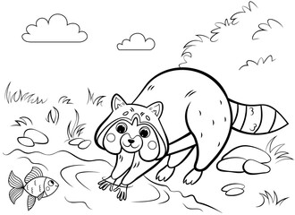 Coloring page outline of cute cartoon raccoon rinsing with a fish. Vector image with nature background. Coloring book of forest wild animals for kids