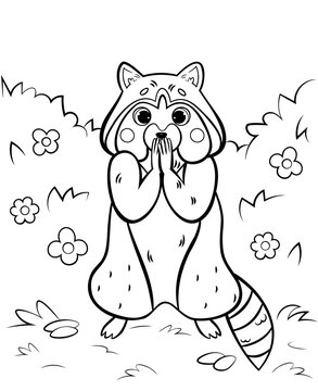 Coloring page outline of cute cartoon standing raccoon. Vector image with nature background. Coloring book of forest wild animals for kids