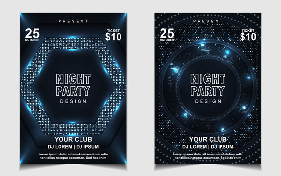 Night dance party music cover poster flyer layout design template background with elegant glitters on dark style. Luxury electro style vector for concert disco, club party, event invitation, festival