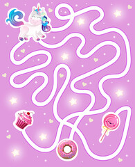 Help the Rainbow Unicorn select a yummy sweet. Tangled road. Color maze or labyrinth game for preschool kids. Puzzle