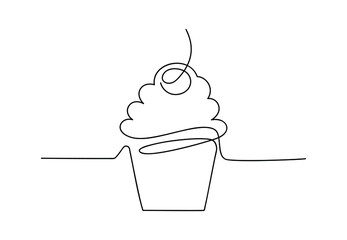 Continuous one line cupcake with cherry and cream. Hand drawing art dessert theme with linear muffin for logo isolated on white background. Simple sketch design. Vector illustration