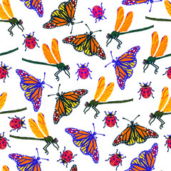 Seamless summer pattern with butterflies and dragonflies