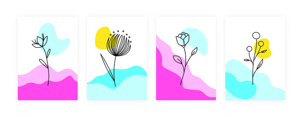 Set of abstract flower summer posters. Hand drawn floral banners in minimalist style, wall art isolated on white background. Creative vector illustration