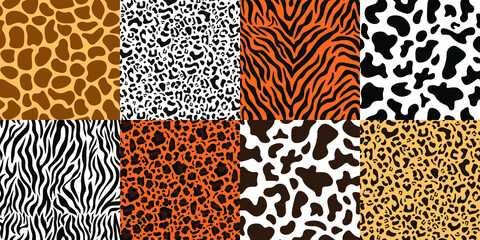 Set of animal print patterns. Trendy abstract backgrounds, animal skin - tiger and zebra stripes, leopard spots, giraffe and cow print for fabric, textile, print. Vector illustration