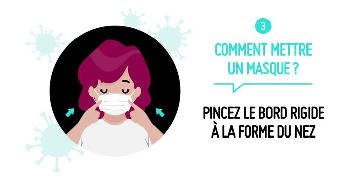 Coronavirus tips: How to wear a surgical mask properly. Comment mettre un masque : 3. Pincez le bord rigide &agrave; la forme du nez. French language. Safety advice animation 