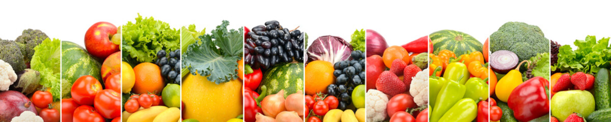 Wide photo of multi-colored fresh fruits and vegetables divided vertical lines isolated on white