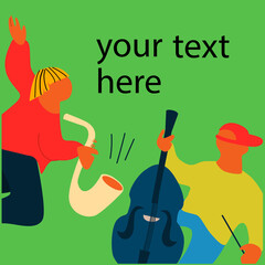 Event poster template. Music festival advertisement with saxophone and double bass players making a performance. Vector illustration in abstract flat style with place for your text