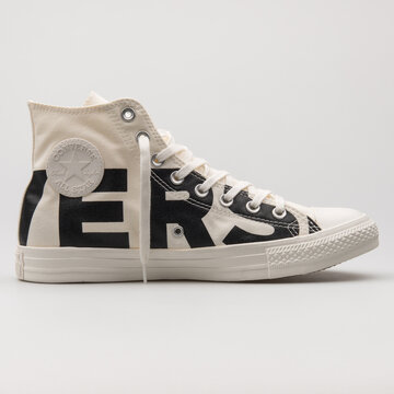 VIENNA, AUSTRIA - FEBRUARY 19, 2018: Converse Chuck Taylor All Star High white and black sneaker on white background.