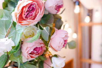 Close up of artificial flowers. wedding decor