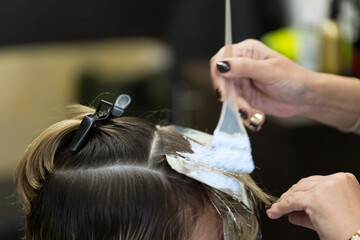 Fototapeta premium hairdresser cutting hair of a woman