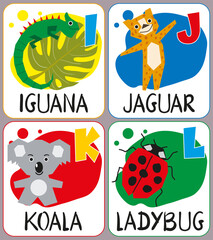ABS. Part 3 of the full english alphabet with cute animals for kids education. Letters I, J, K, L and funny zoo hand-drawn characters. Iguana, jaguar, koala, ladybug. Vector cartoon illustration.