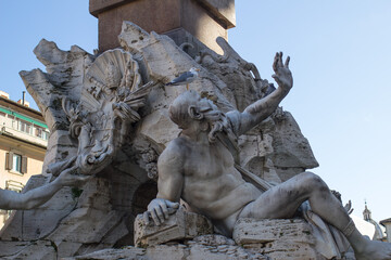 Rome, 10.11.2019, Piazza Navona-sculptures of the fountain of the four rivers (Fontana Dei Quattro Fiumi)