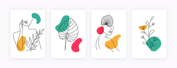 Set of minimalistic posters with womens silhouette and leaves. Trendy cards with abstract shapes hand drawn girl portraits and leaves. Vector illustration