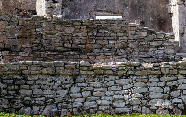 Close-up of walls from inside the ancient Mayan city of Tulum in Quintana Roo, Mexico.