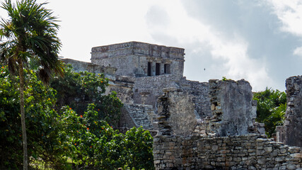 Side view of the highest temple(castle) under the bright sunlight situated in the ancient Mayan city of Tulum in Quintana Roo, Mexico.