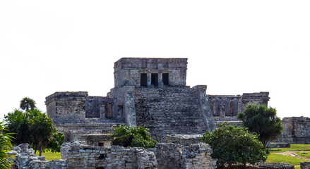 Fototapeta na wymiar Front view of the highest temple(castle) situated in the ancient Mayan city of Tulum in Quintana Roo, Mexico.
