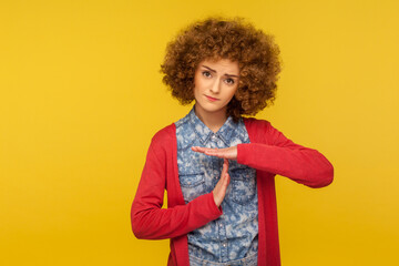 Please, need break! Portrait of unhappy pleading woman with curly hair looking tired, asking for...