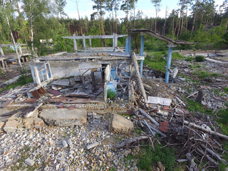 The destruction of the remnants of communism (drone image).Totally marauded and vandalised by ukrainian patriots after Revolution Dignity in 2014 kids summer camp. Kiev region. Ukraine
