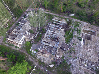 The destruction of the remnants of communism (drone image).Totally marauded and vandalised by ukrainian patriots after Revolution Dignity in 2014 kids summer camp. Kiev region. Ukraine