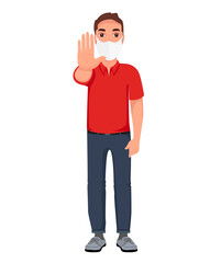 Men stop covid-19 coronavirus. Cartoon character vector illustration. 