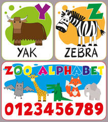 ABS. Part 7 of the complete English alphabet with cute animals for children's education. Letters Y, Z, numbers and funny hand-drawn characters of the zoo. Yak, zebra. Vector cartoon illustration.