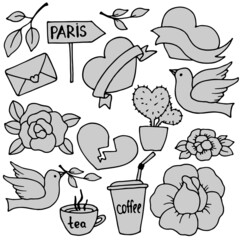 vector illustration, set of doodle style elements, in black, icons, arrows, roses, dove, tea, coffee, cactus, heart, ribbon, isolate on a white background