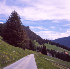 Climbing the path to the Guergaletsch peak near Lenzerheide in the Swiss Alps in summer, shot with...