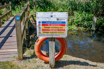 Sign warming against swimming because of deep and dangerous water on the Honing canal at Honing lock