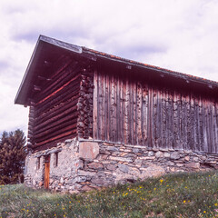 Old log stable on the alpine meadows covered in green grass and colorful flowers in Switzerland...