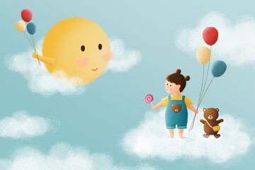 Happy Children's Day.Mr. Sun smiling to the little girl and teddy bear in the blue sky. 


