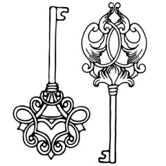 vector illustration, set of elegant vintage key in doodle style in black, logo symbol for design, print for coloring, print on t-shirt, cup, isolate on a white background