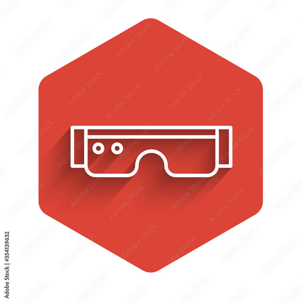 Poster white line smart glasses mounted on spectacles icon isolated with long shadow. wearable electronics 