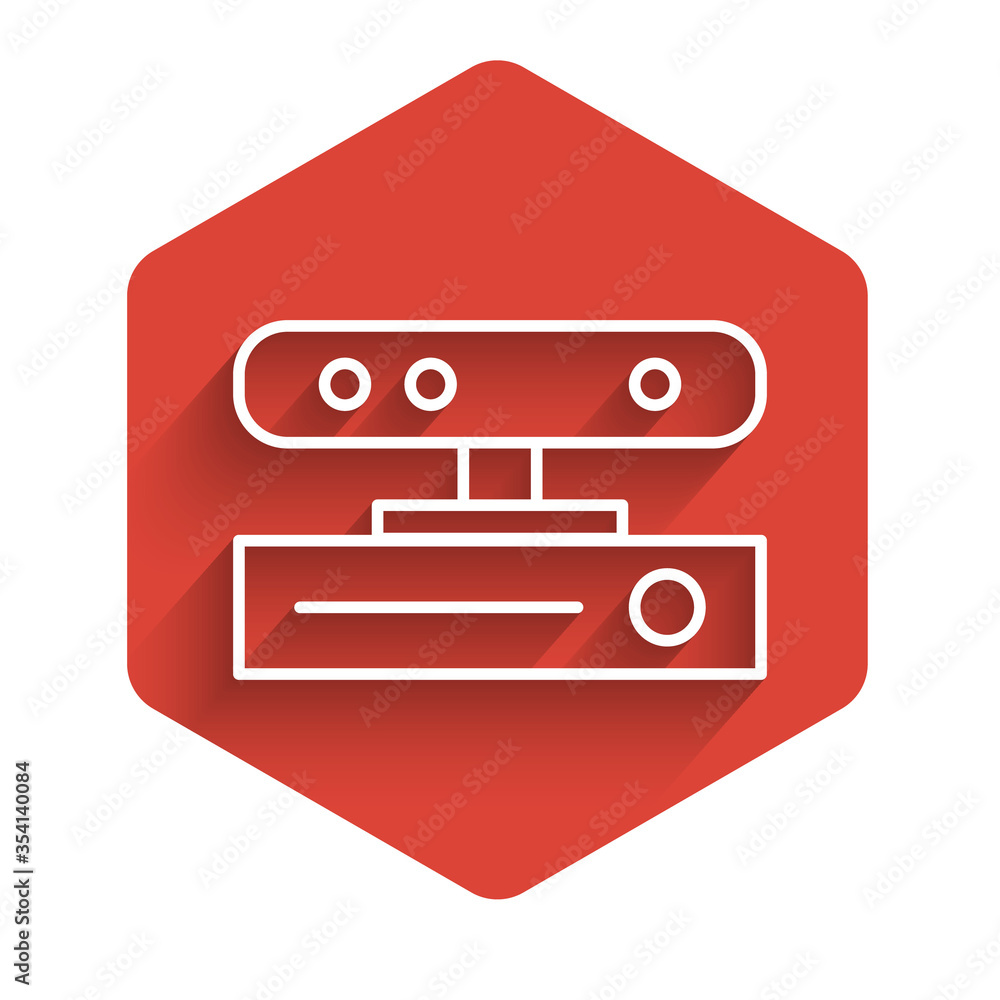 Poster white line motion sensor icon isolated with long shadow. red hexagon button. vector illustration.