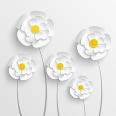  White Flowers cut out of paper. Chamomile. Daisies on white background.