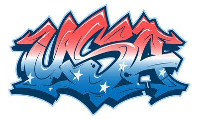 USA lettering in readable graffiti style in red white and blue colors. Vector banner isolated on white.