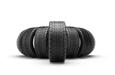Car tires in row isolated on white background. 3D rendering illustration.