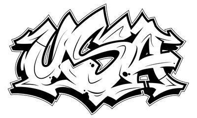 USA lettering in readable graffiti style. Outline vector banner isolated on white.