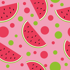 watermelon seamless pattern in vector flat style, summer bright juicy fruit background pink
