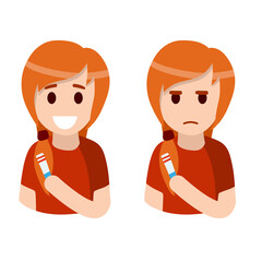 Pregnancy test. Happy and sad woman. Two strips on the test. Analysis result. Beginning of motherhood. Emotions of a young girl. Flat cartoon illustration