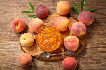 bowl of peach jam and fresh fruits, top view