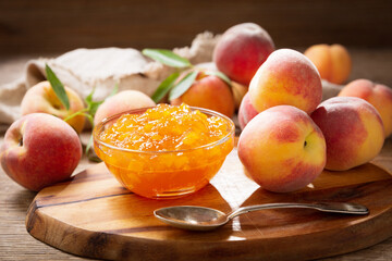 bowl of peach jam and fresh fruits