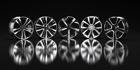 five car disc on a black background. 3D rendering illustration.