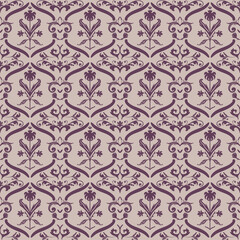Hand drawn amask style pattern with leaves, stems, flowers, buds and swirls in purple on fashionable tan color background.Can be used for fabrics, wallpapers, wrapping paper, backdrops and decoration.