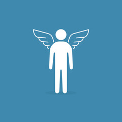 Angel man, Businessman investor with wings. Business angel. Investment. Vector isolated illustration on blue background